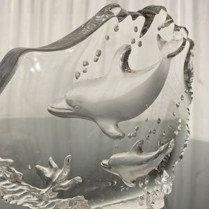Crystal Clear Dolphins, Lenox, paper weight, shelf sitter, art glass 3D Carved